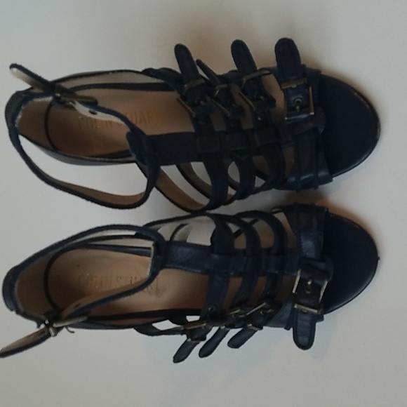 Colin Stuart Navy Strappy Navy Genuine Leatber Wood Block 4" Heel 6 - Picture 2 of 8